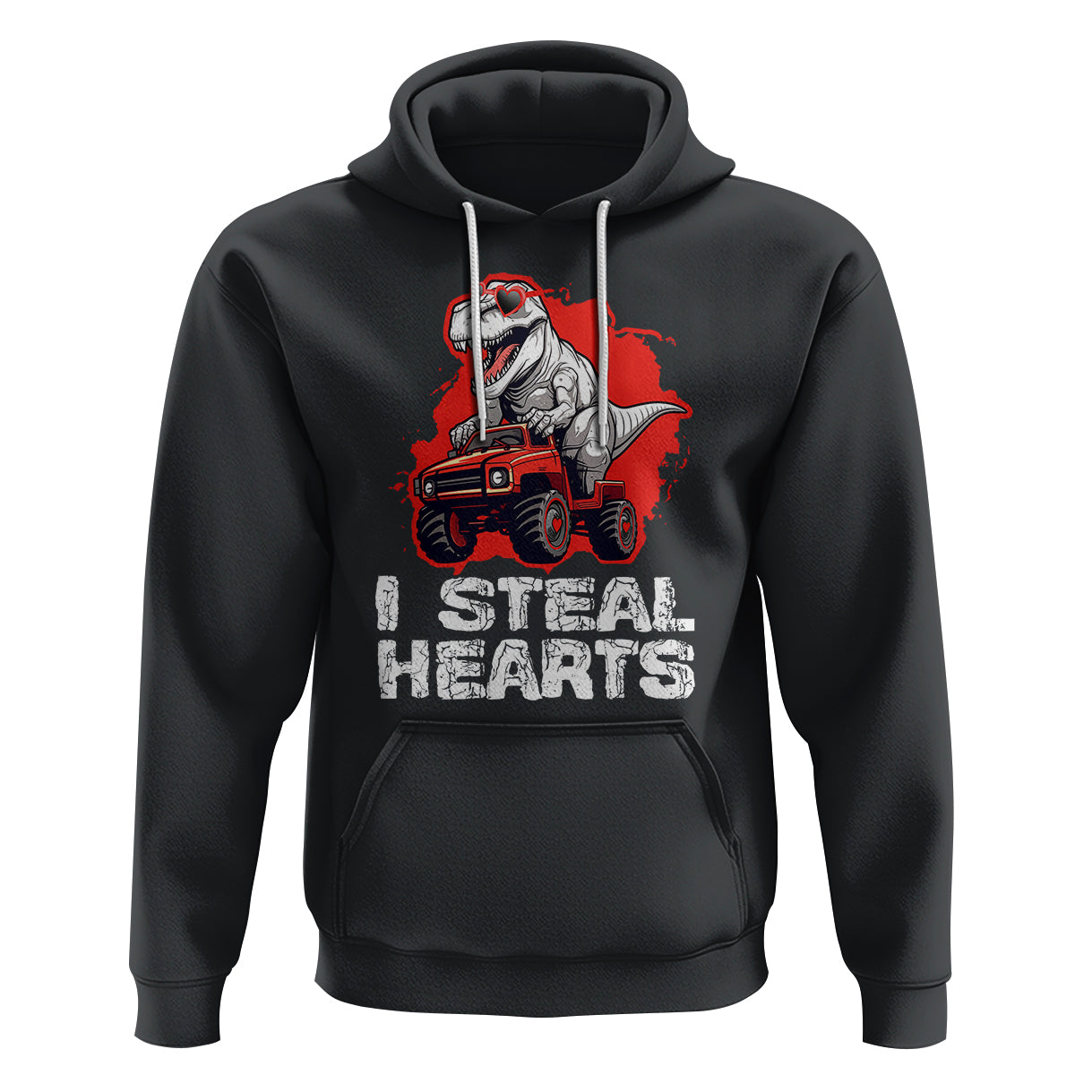 Valentine's Day Hoodie I Steal Hearts Cool Dinosaur Riding Monster Truck - Wonder Print Shop