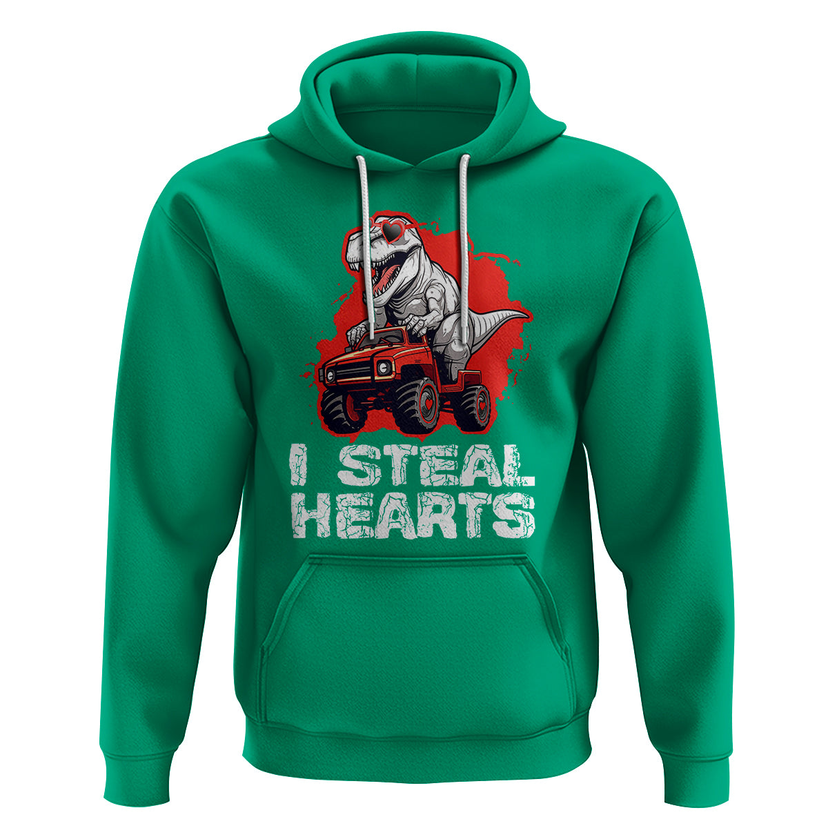 Valentine's Day Hoodie I Steal Hearts Cool Dinosaur Riding Monster Truck - Wonder Print Shop