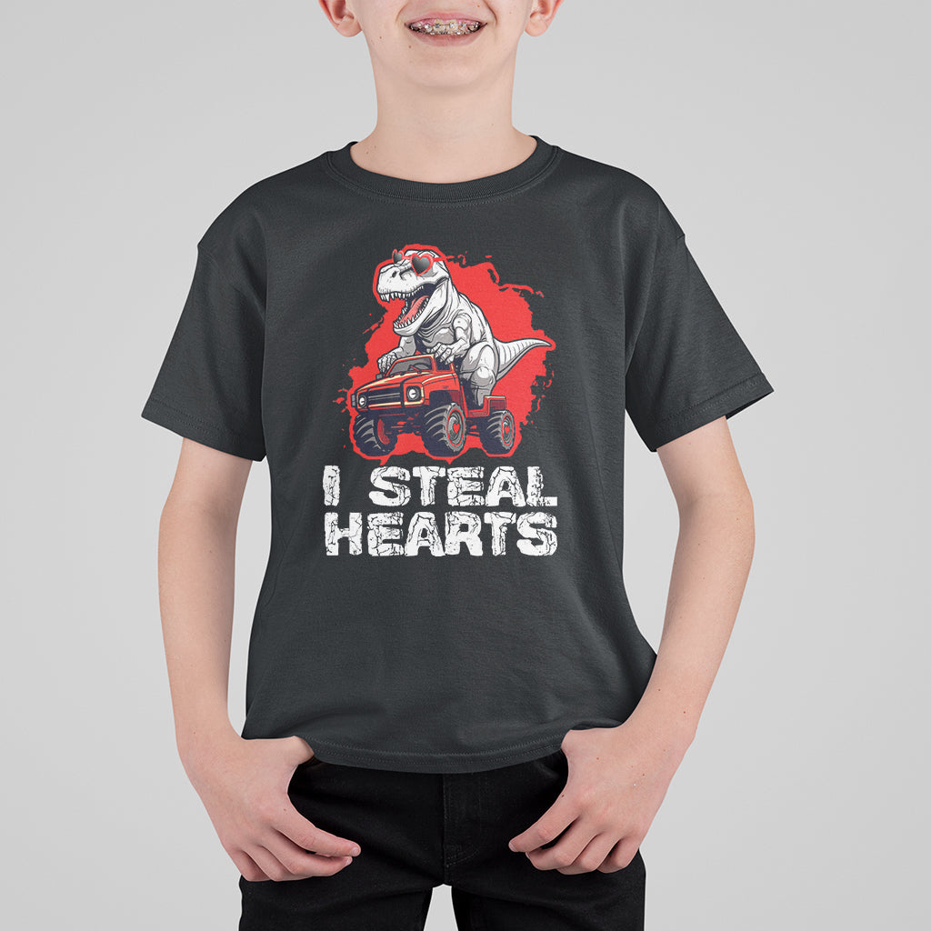 Valentine's Day T Shirt For Kid I Steal Hearts Cool Dinosaur Riding Monster Truck - Wonder Print Shop