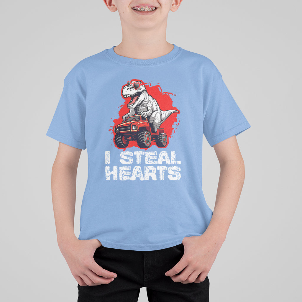 Valentine's Day T Shirt For Kid I Steal Hearts Cool Dinosaur Riding Monster Truck - Wonder Print Shop