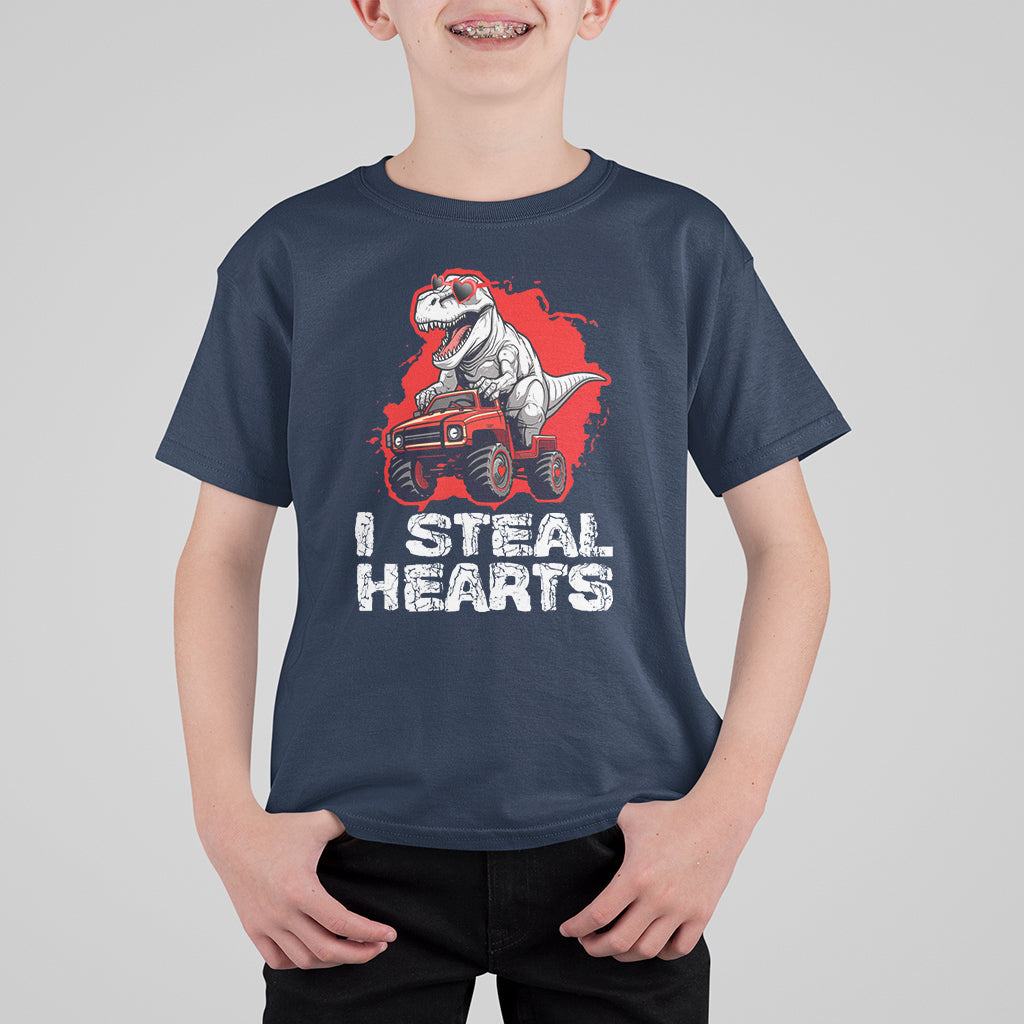 Valentine's Day T Shirt For Kid I Steal Hearts Cool Dinosaur Riding Monster Truck - Wonder Print Shop