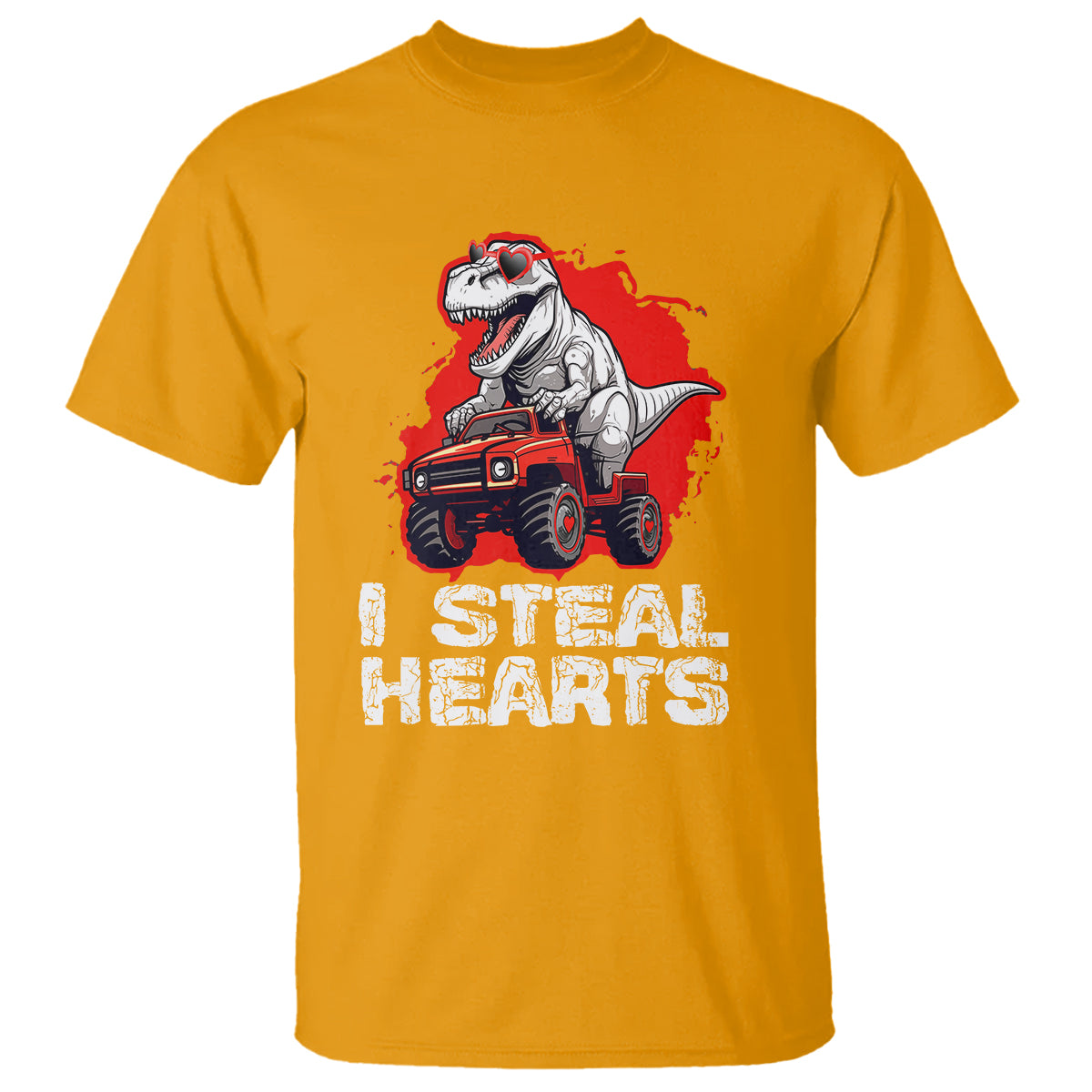 Valentine's Day T Shirt I Steal Hearts Cool Dinosaur Riding Monster Truck - Wonder Print Shop