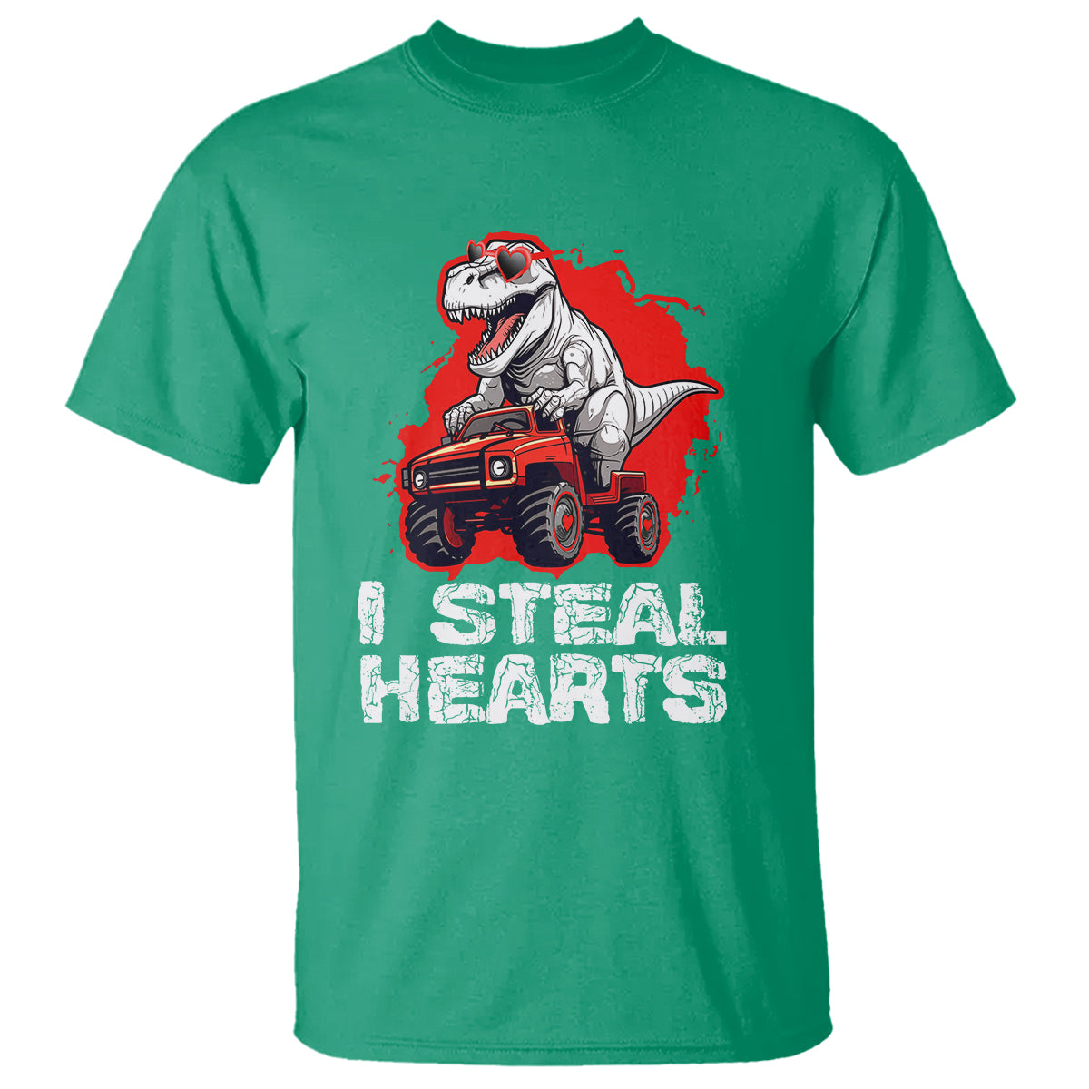 Valentine's Day T Shirt I Steal Hearts Cool Dinosaur Riding Monster Truck - Wonder Print Shop