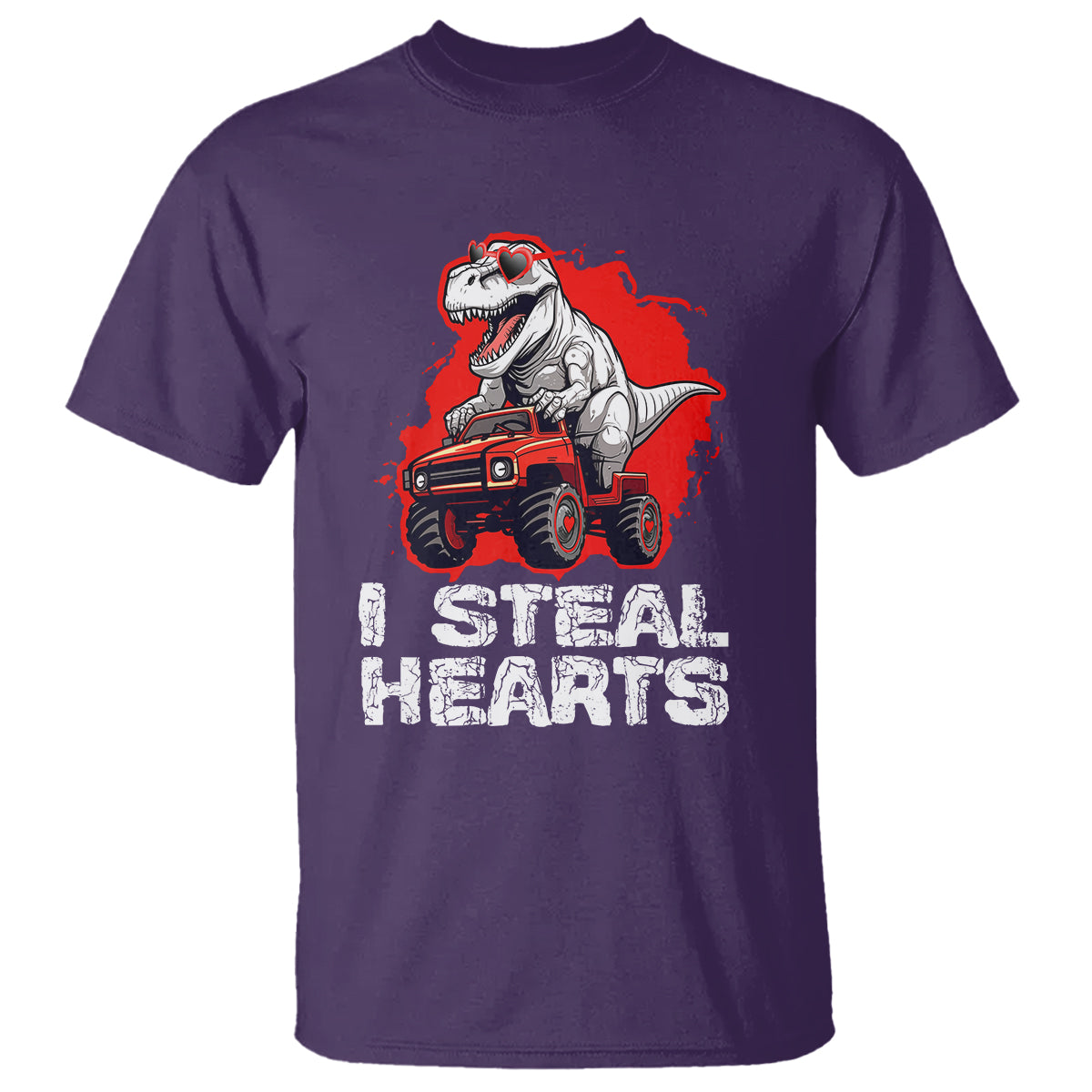 Valentine's Day T Shirt I Steal Hearts Cool Dinosaur Riding Monster Truck - Wonder Print Shop
