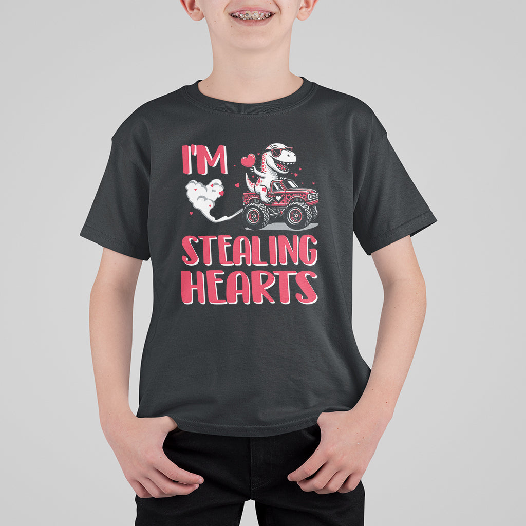 Valentine's Day T Shirt For Kid I Steal Hearts Cute Dinosaur Riding Monster Truck - Wonder Print Shop