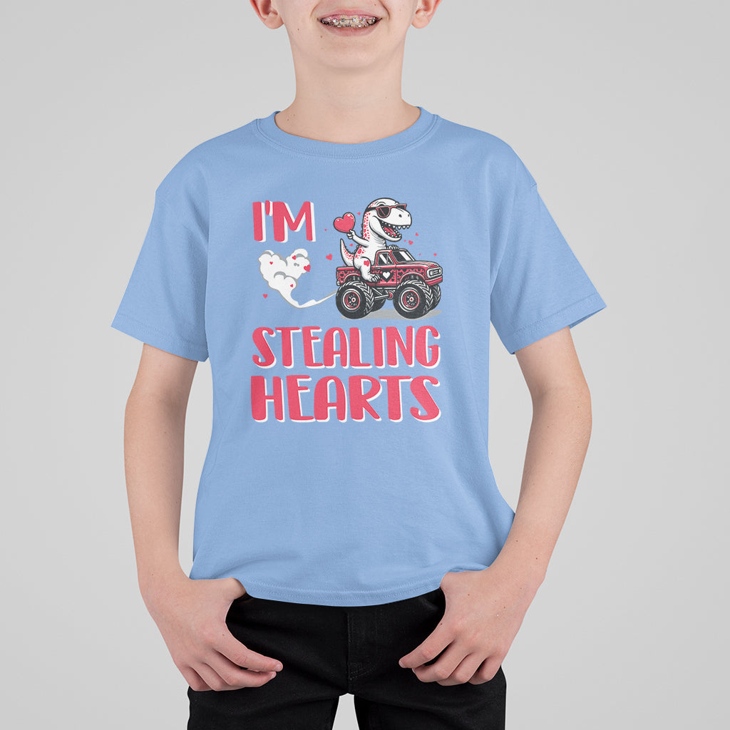 Valentine's Day T Shirt For Kid I Steal Hearts Cute Dinosaur Riding Monster Truck - Wonder Print Shop