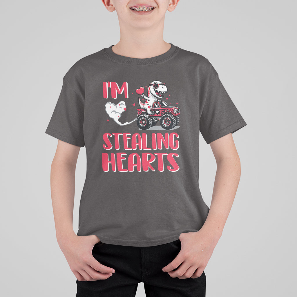 Valentine's Day T Shirt For Kid I Steal Hearts Cute Dinosaur Riding Monster Truck - Wonder Print Shop