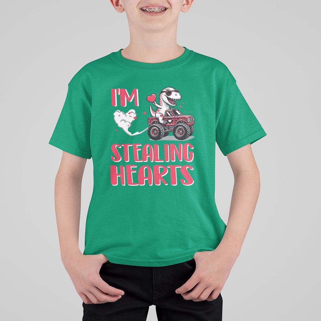 Valentine's Day T Shirt For Kid I Steal Hearts Cute Dinosaur Riding Monster Truck - Wonder Print Shop