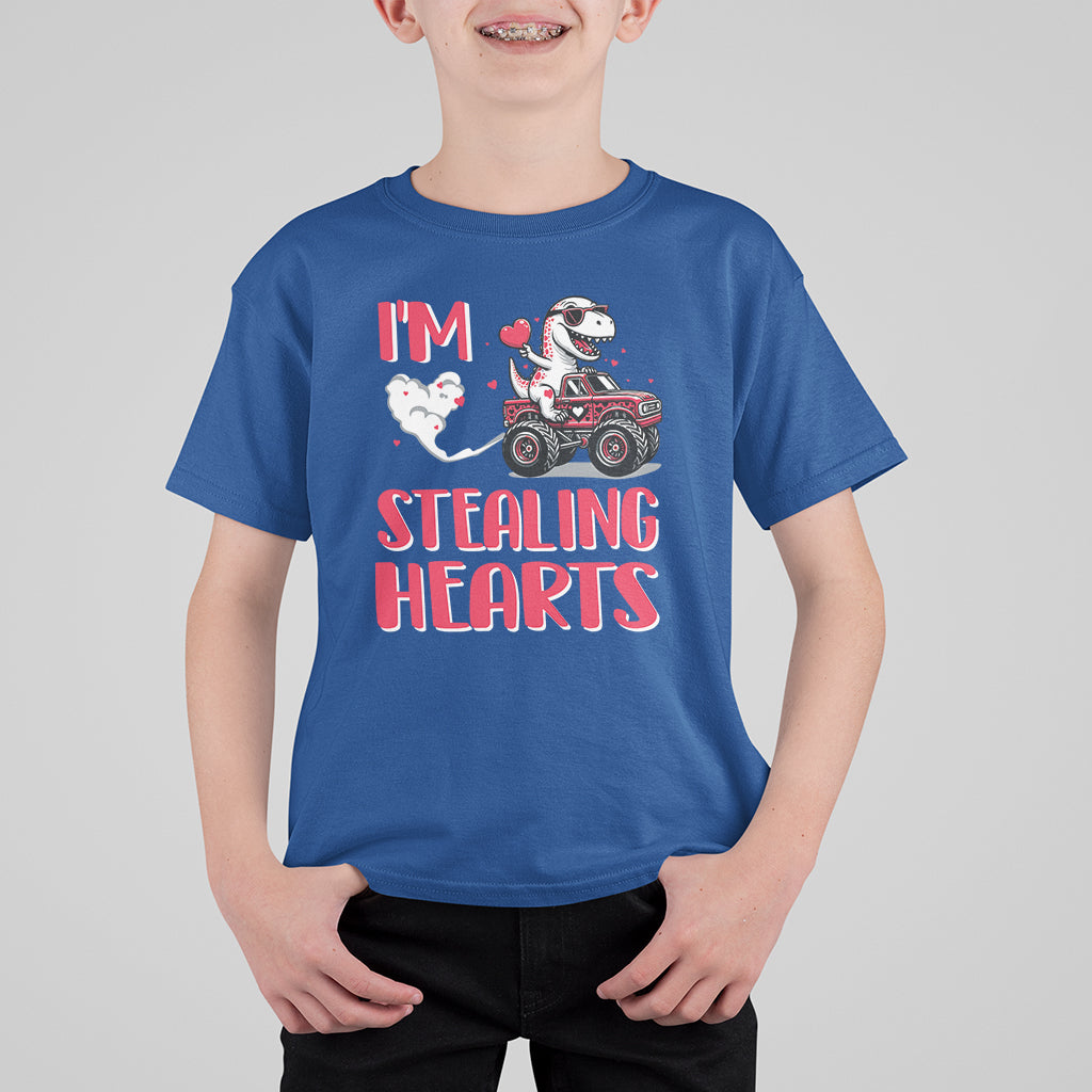 Valentine's Day T Shirt For Kid I Steal Hearts Cute Dinosaur Riding Monster Truck - Wonder Print Shop