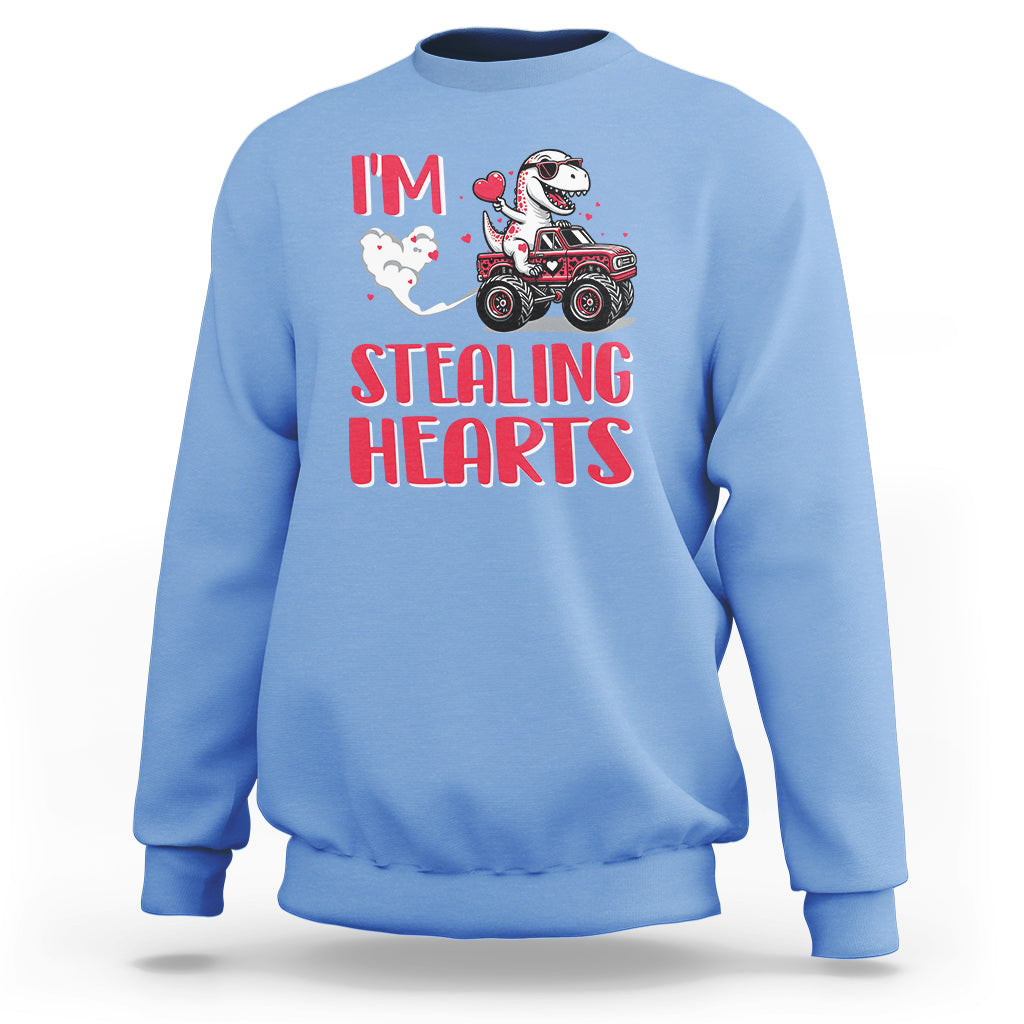 Valentine's Day Sweatshirt I Steal Hearts Cute Dinosaur Riding Monster Truck - Wonder Print Shop