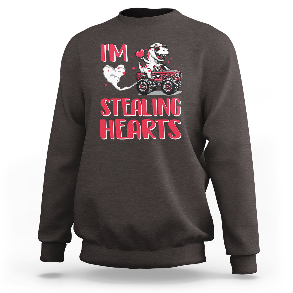 Valentine's Day Sweatshirt I Steal Hearts Cute Dinosaur Riding Monster Truck - Wonder Print Shop