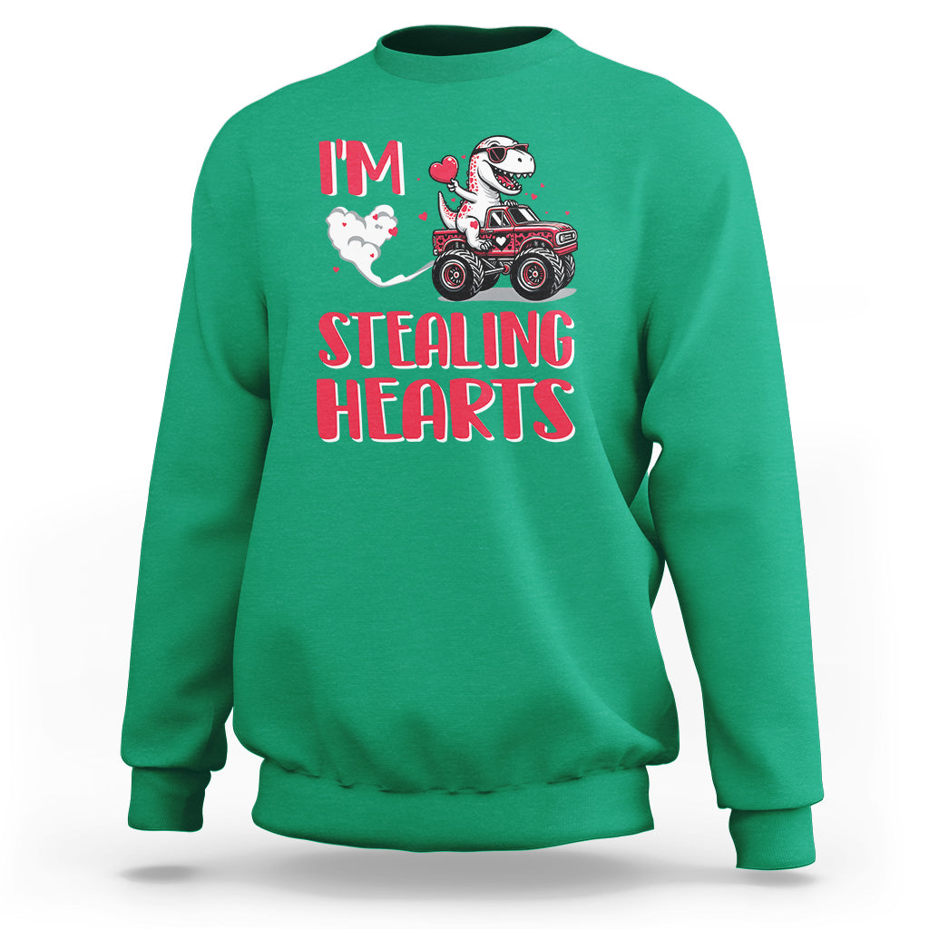Valentine's Day Sweatshirt I Steal Hearts Cute Dinosaur Riding Monster Truck - Wonder Print Shop