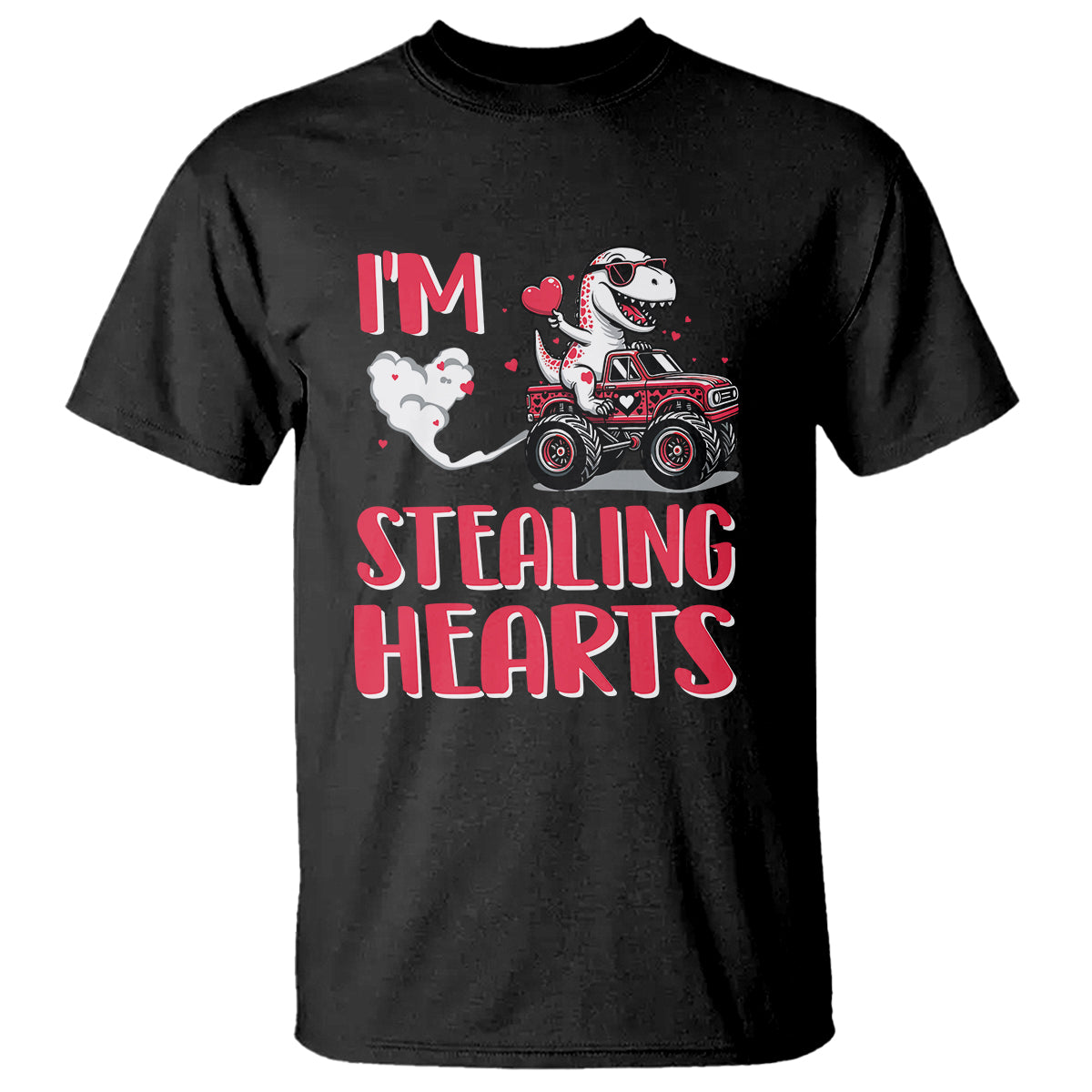 Valentine's Day T Shirt I Steal Hearts Cute Dinosaur Riding Monster Truck - Wonder Print Shop
