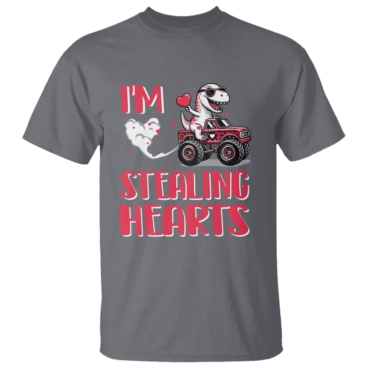 Valentine's Day T Shirt I Steal Hearts Cute Dinosaur Riding Monster Truck - Wonder Print Shop