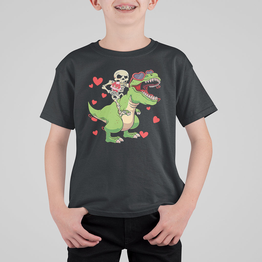 Valentine's Day T Shirt For Kid Skeleton Riding Dinosaur Rose Bouquet - Wonder Print Shop