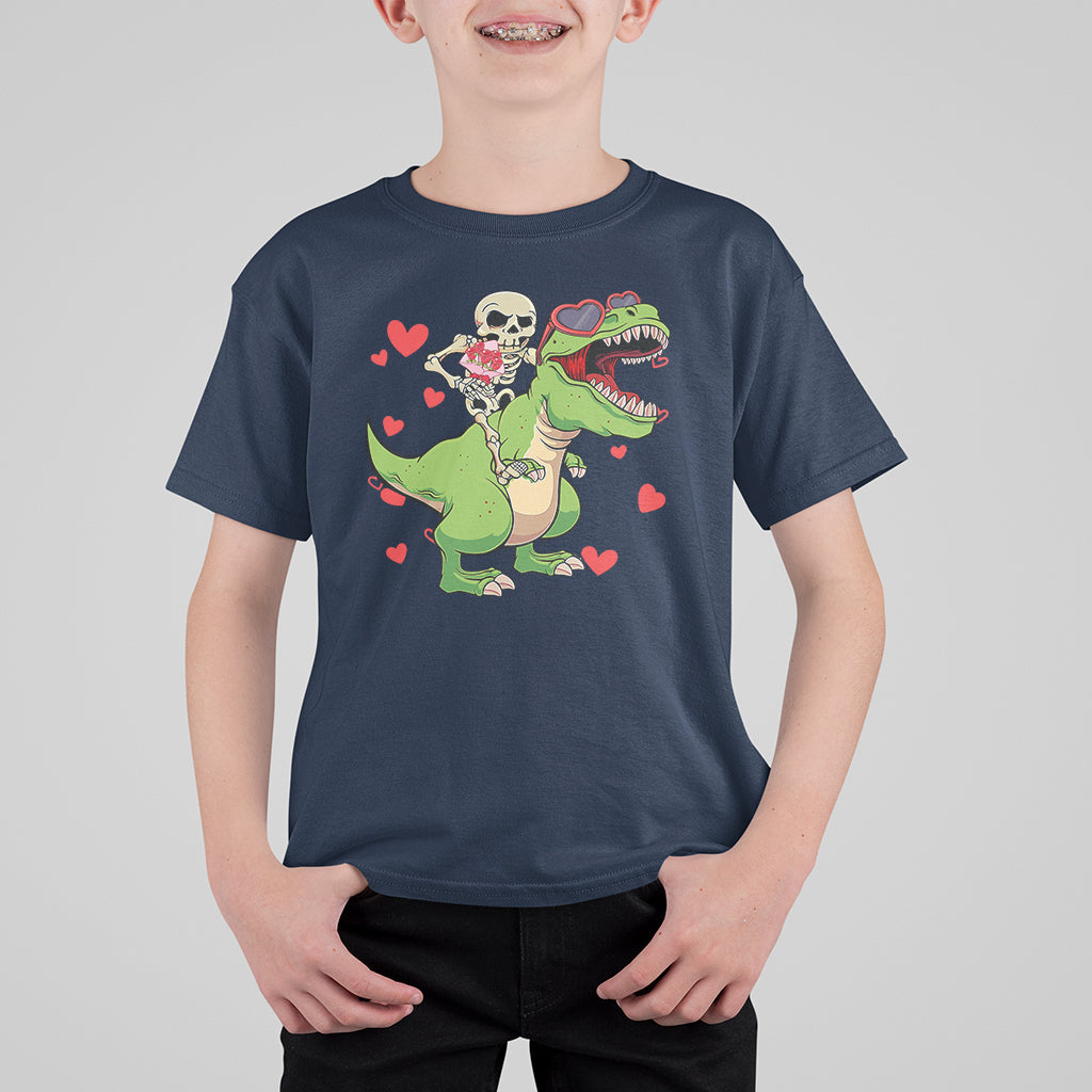 Valentine's Day T Shirt For Kid Skeleton Riding Dinosaur Rose Bouquet - Wonder Print Shop