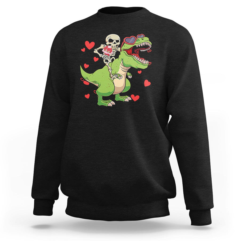 Valentine's Day Sweatshirt Skeleton Riding Dinosaur Rose Bouquet - Wonder Print Shop