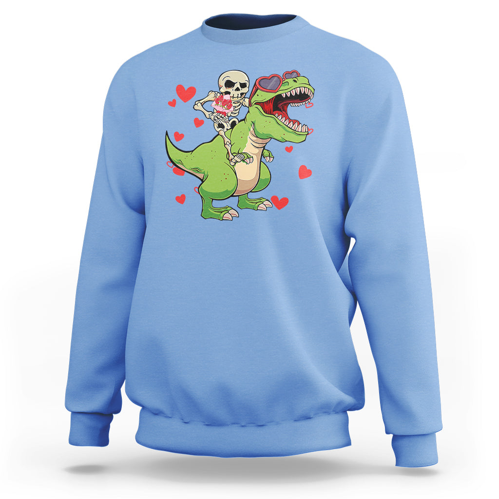 Valentine's Day Sweatshirt Skeleton Riding Dinosaur Rose Bouquet - Wonder Print Shop