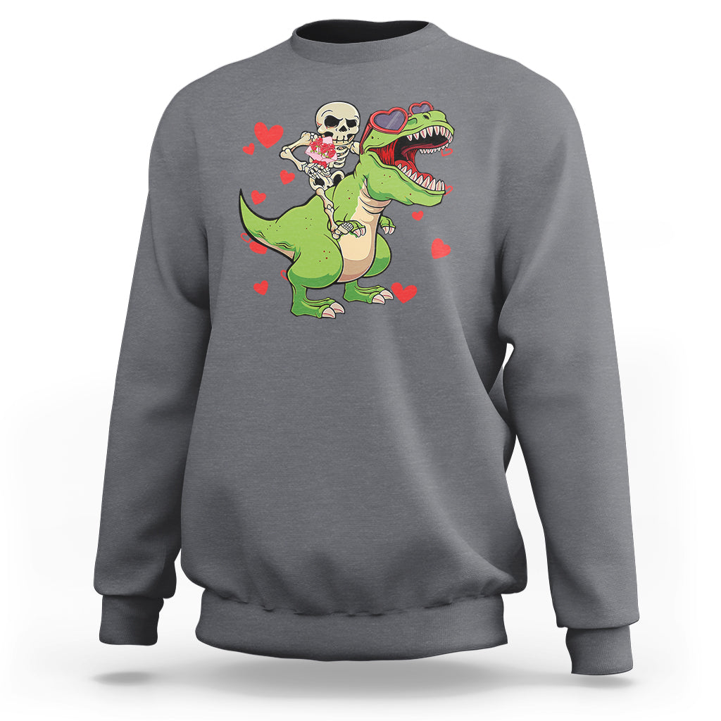 Valentine's Day Sweatshirt Skeleton Riding Dinosaur Rose Bouquet - Wonder Print Shop