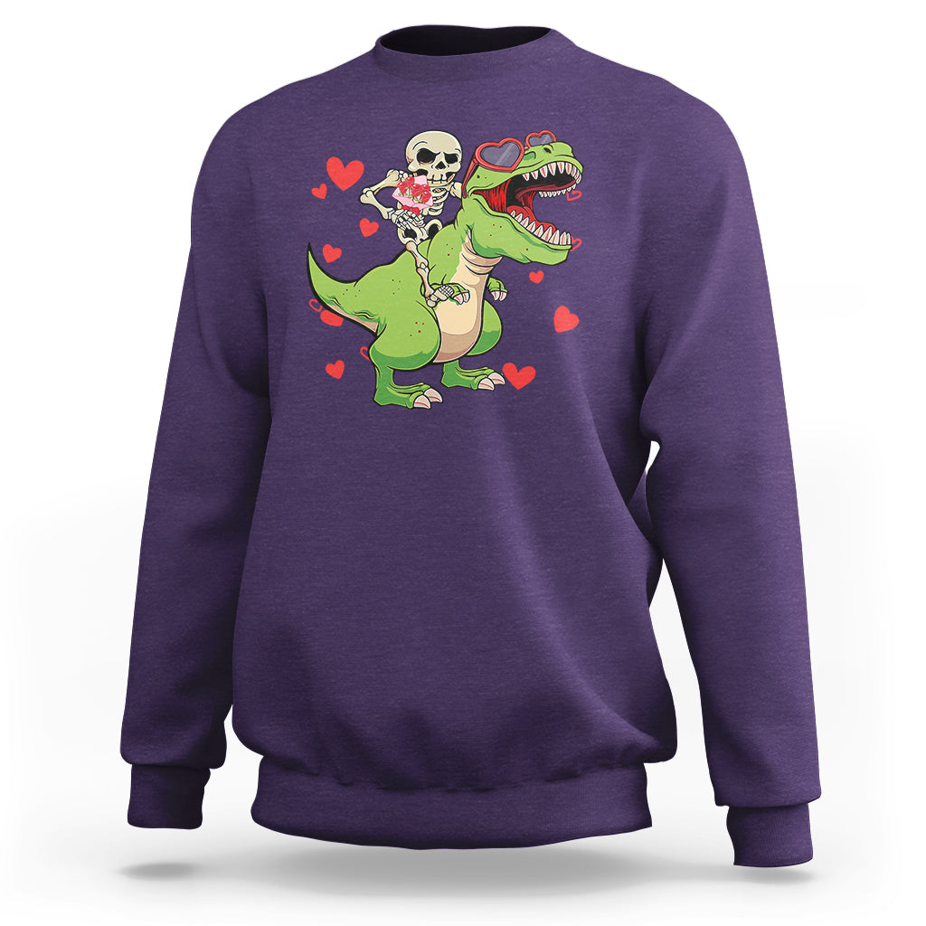 Valentine's Day Sweatshirt Skeleton Riding Dinosaur Rose Bouquet - Wonder Print Shop