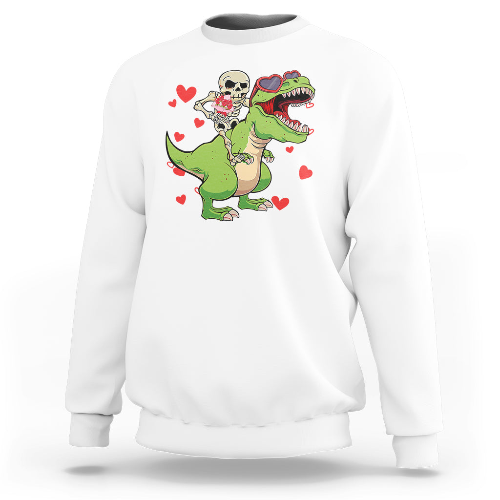Valentine's Day Sweatshirt Skeleton Riding Dinosaur Rose Bouquet - Wonder Print Shop