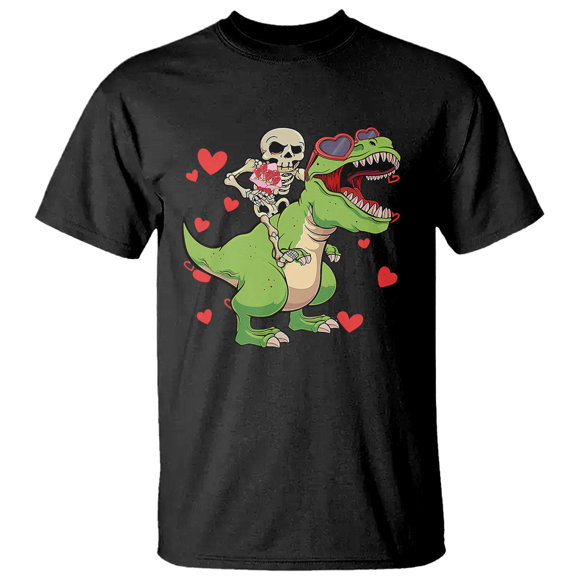 Valentine's Day T Shirt Skeleton Riding Dinosaur Rose Bouquet - Wonder Print Shop