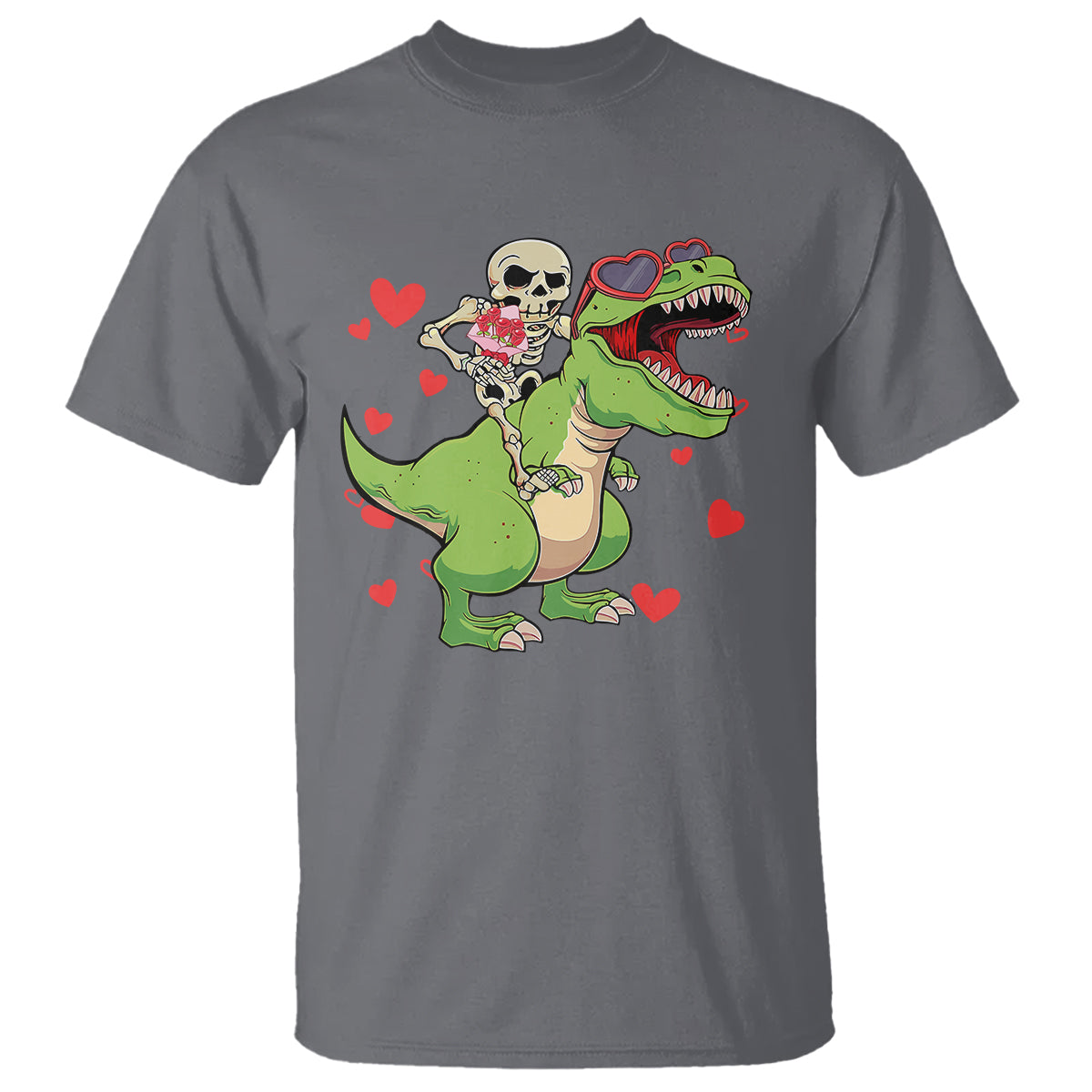Valentine's Day T Shirt Skeleton Riding Dinosaur Rose Bouquet - Wonder Print Shop