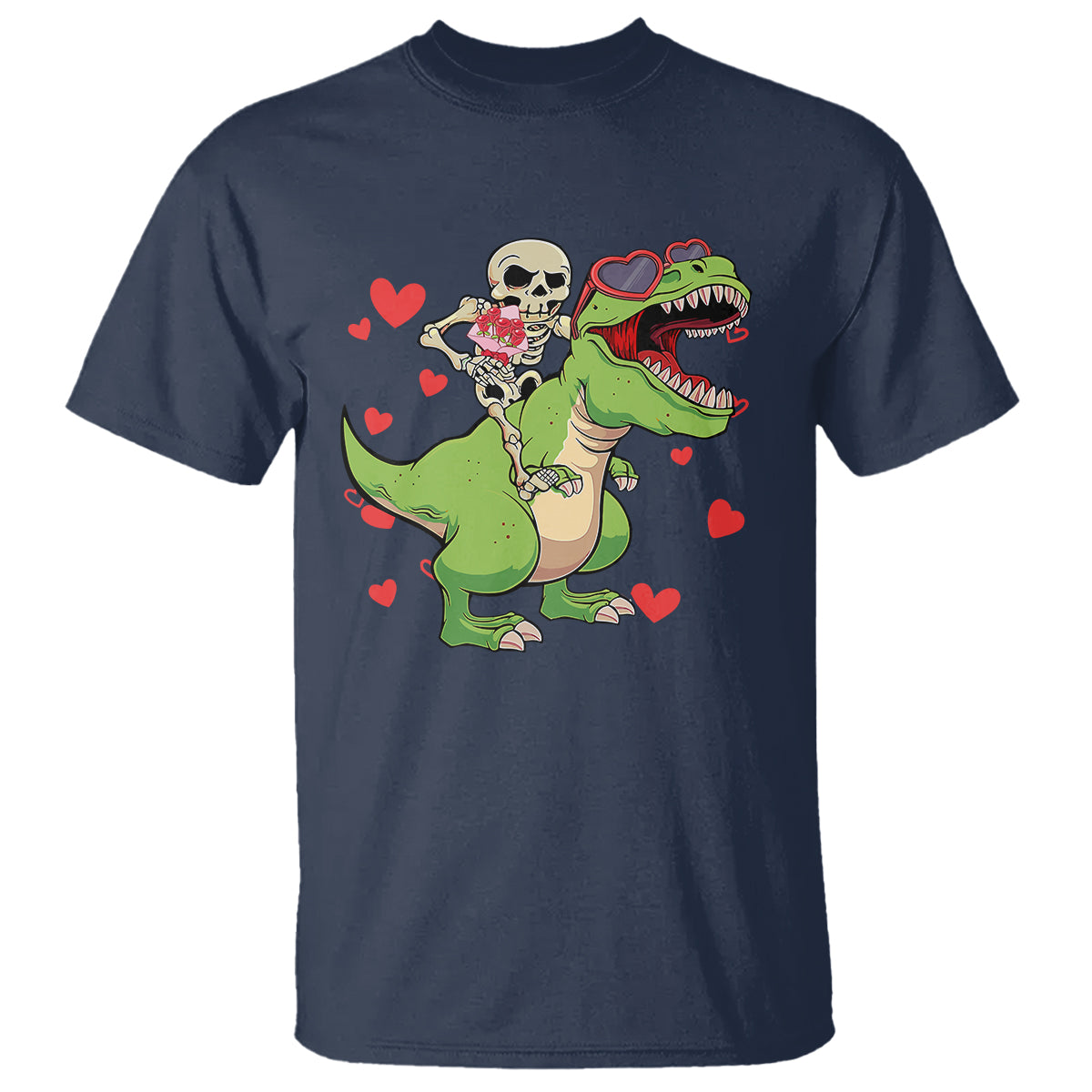 Valentine's Day T Shirt Skeleton Riding Dinosaur Rose Bouquet - Wonder Print Shop