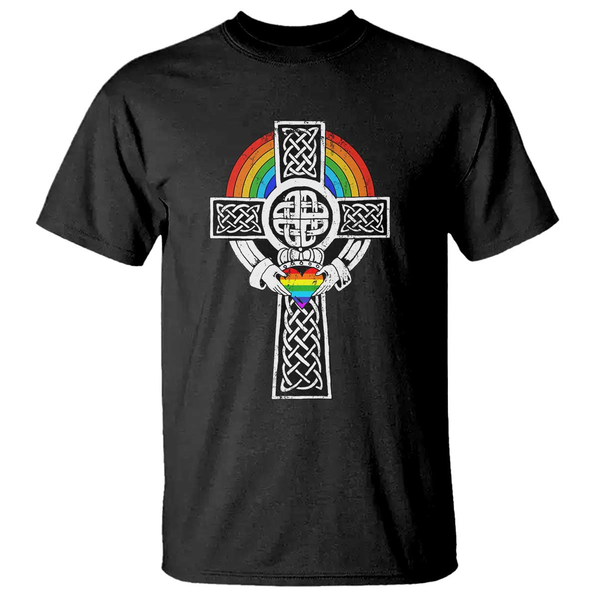 Rainbow Celtic Claddagh Cross T Shirt