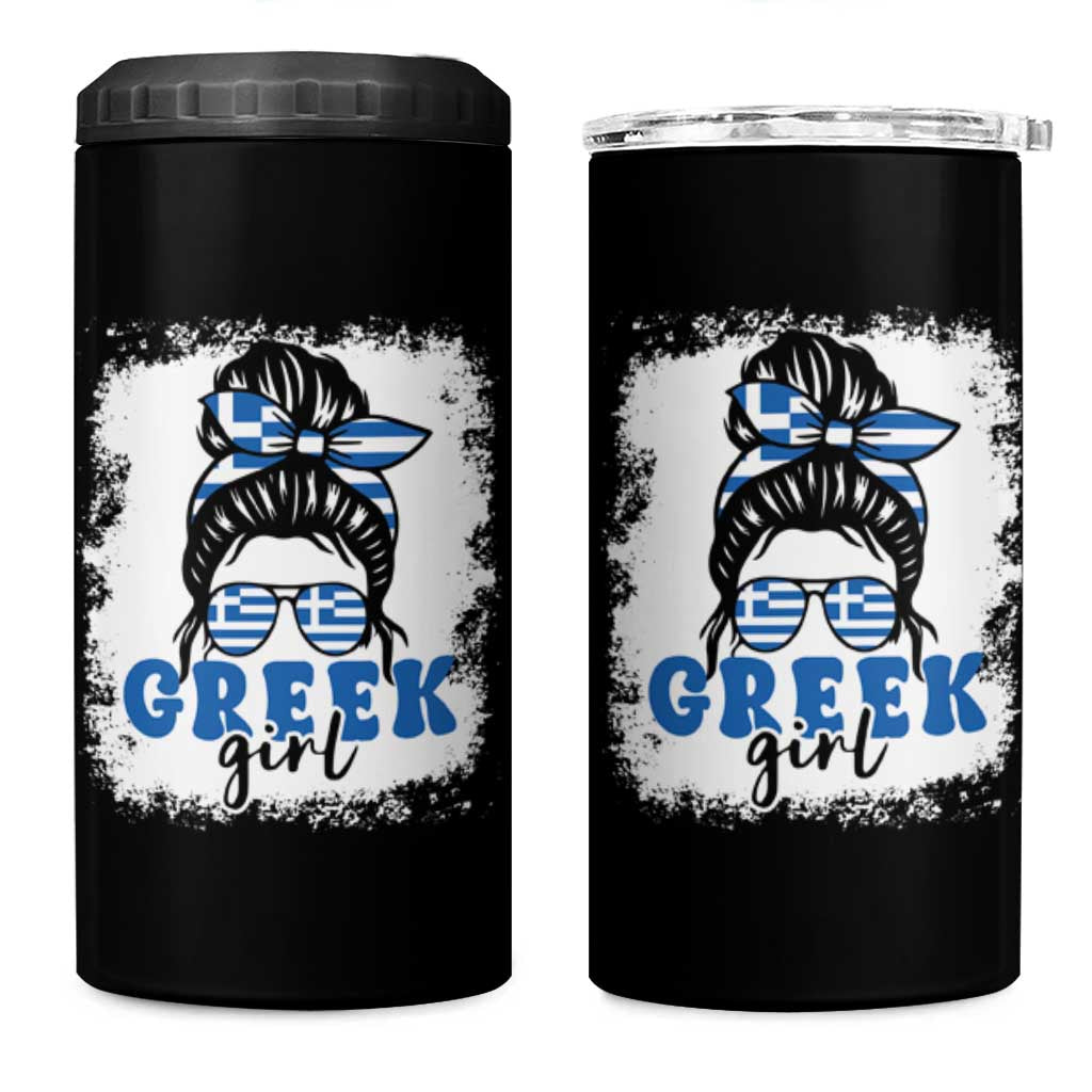 Greek Girl Pride 4 in 1 Can Cooler Tumbler Proud Greece Messy Bun Girl