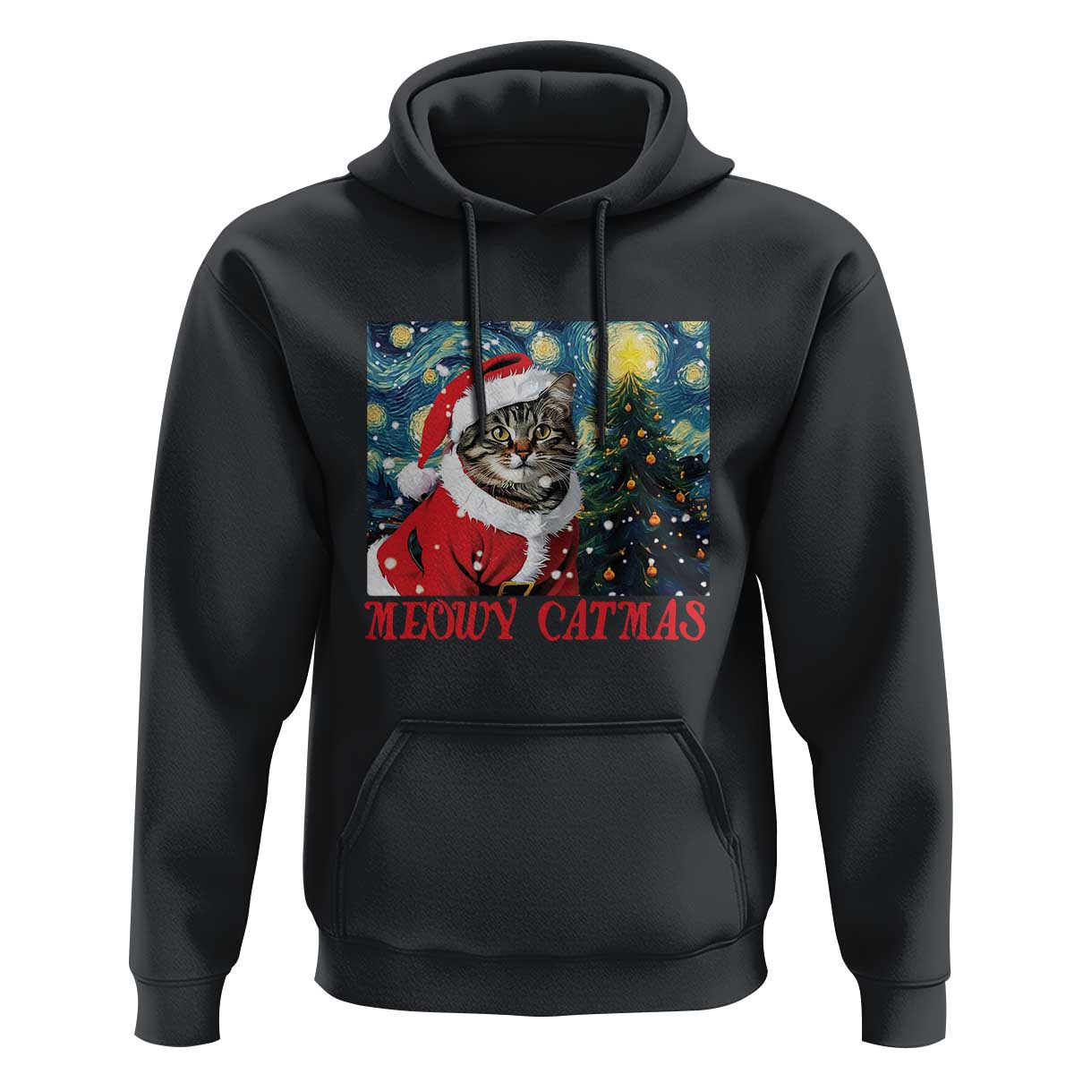 Santa Cat Christmas Hoodie Meowy Catmas Starry Night Christmas Tree
