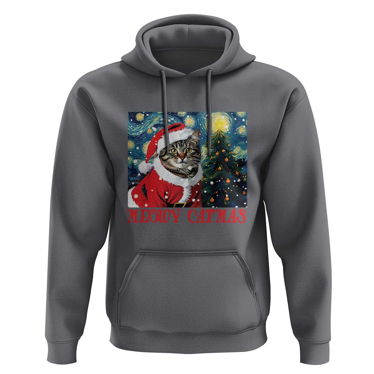 Santa Cat Christmas Hoodie Meowy Catmas Starry Night Christmas Tree