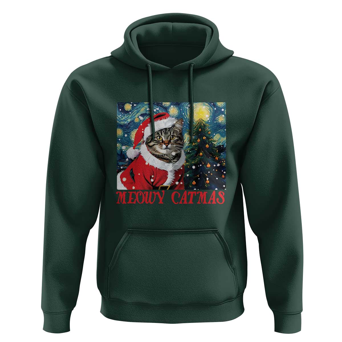 Santa Cat Christmas Hoodie Meowy Catmas Starry Night Christmas Tree