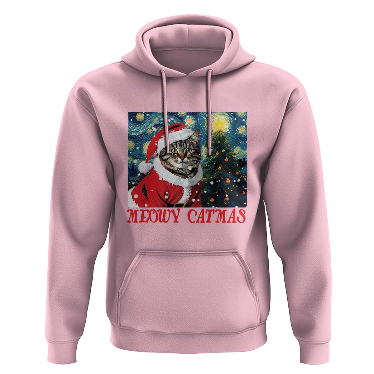 Santa Cat Christmas Hoodie Meowy Catmas Starry Night Christmas Tree
