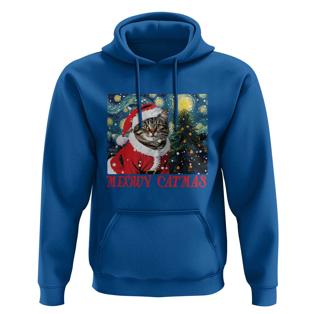 Santa Cat Christmas Hoodie Meowy Catmas Starry Night Christmas Tree