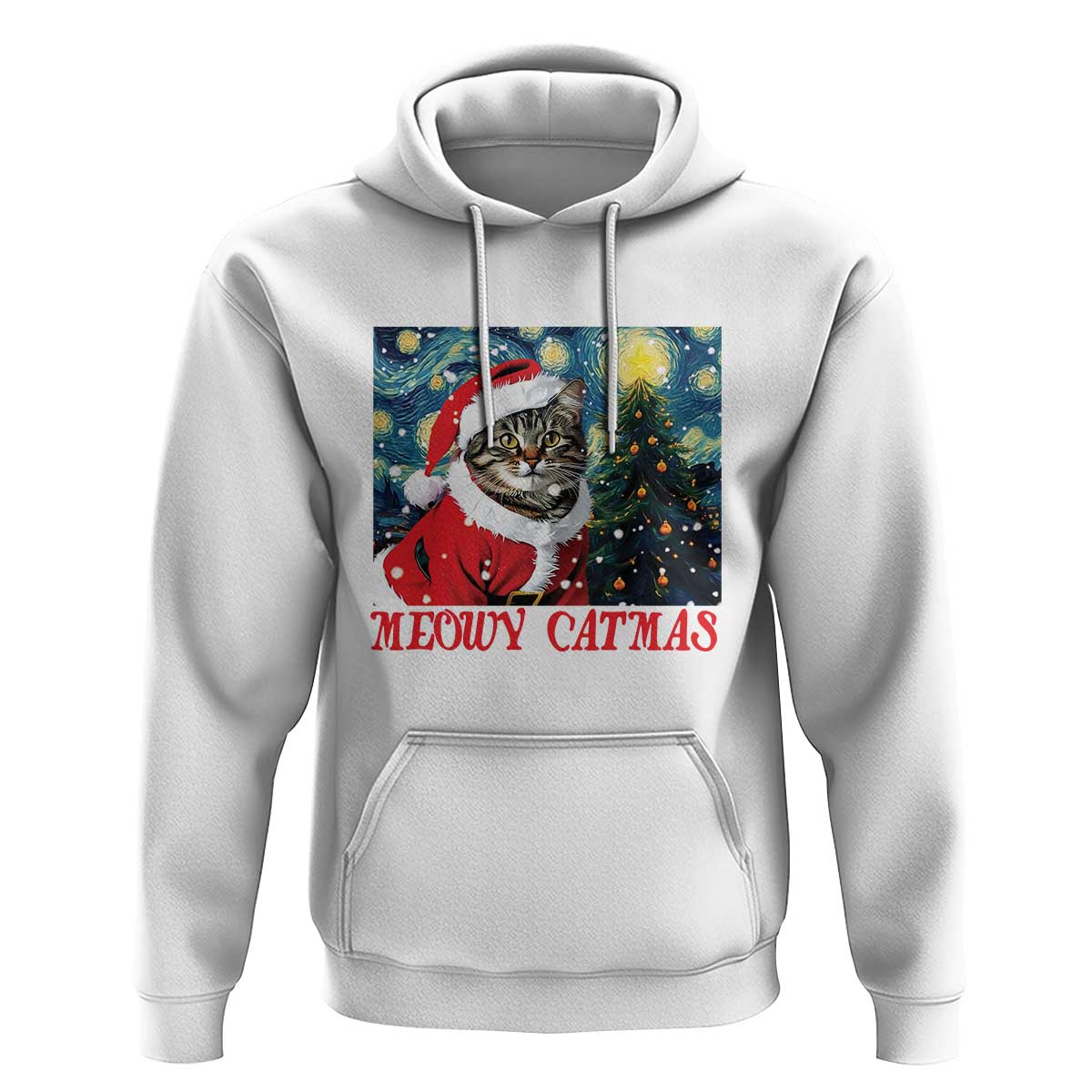 Santa Cat Christmas Hoodie Meowy Catmas Starry Night Christmas Tree