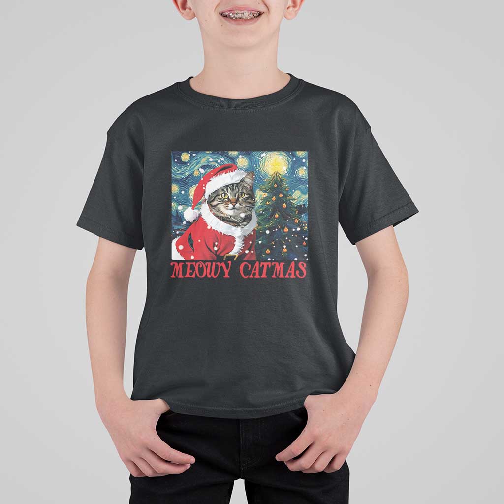 Santa Cat Christmas T Shirt For Kid Meowy Catmas Starry Night Christmas Tree - Wonder Print Shop
