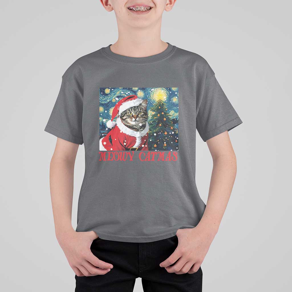 Santa Cat Christmas T Shirt For Kid Meowy Catmas Starry Night Christmas Tree - Wonder Print Shop