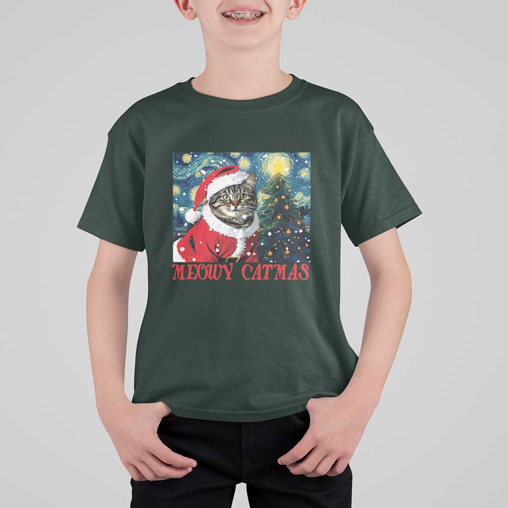 Santa Cat Christmas T Shirt For Kid Meowy Catmas Starry Night Christmas Tree - Wonder Print Shop