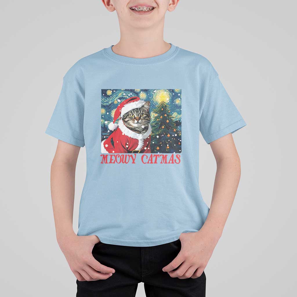 Santa Cat Christmas T Shirt For Kid Meowy Catmas Starry Night Christmas Tree - Wonder Print Shop