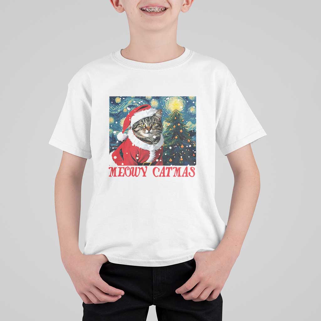 Santa Cat Christmas T Shirt For Kid Meowy Catmas Starry Night Christmas Tree - Wonder Print Shop