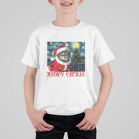Santa Cat Christmas T Shirt For Kid Meowy Catmas Starry Night Christmas Tree - Wonder Print Shop