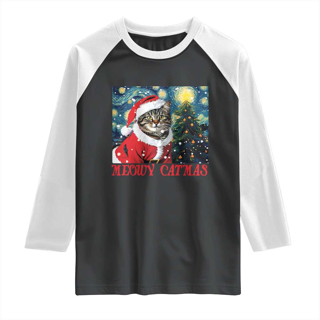 Santa Cat Christmas Raglan Shirt Meowy Catmas Starry Night Christmas Tree
