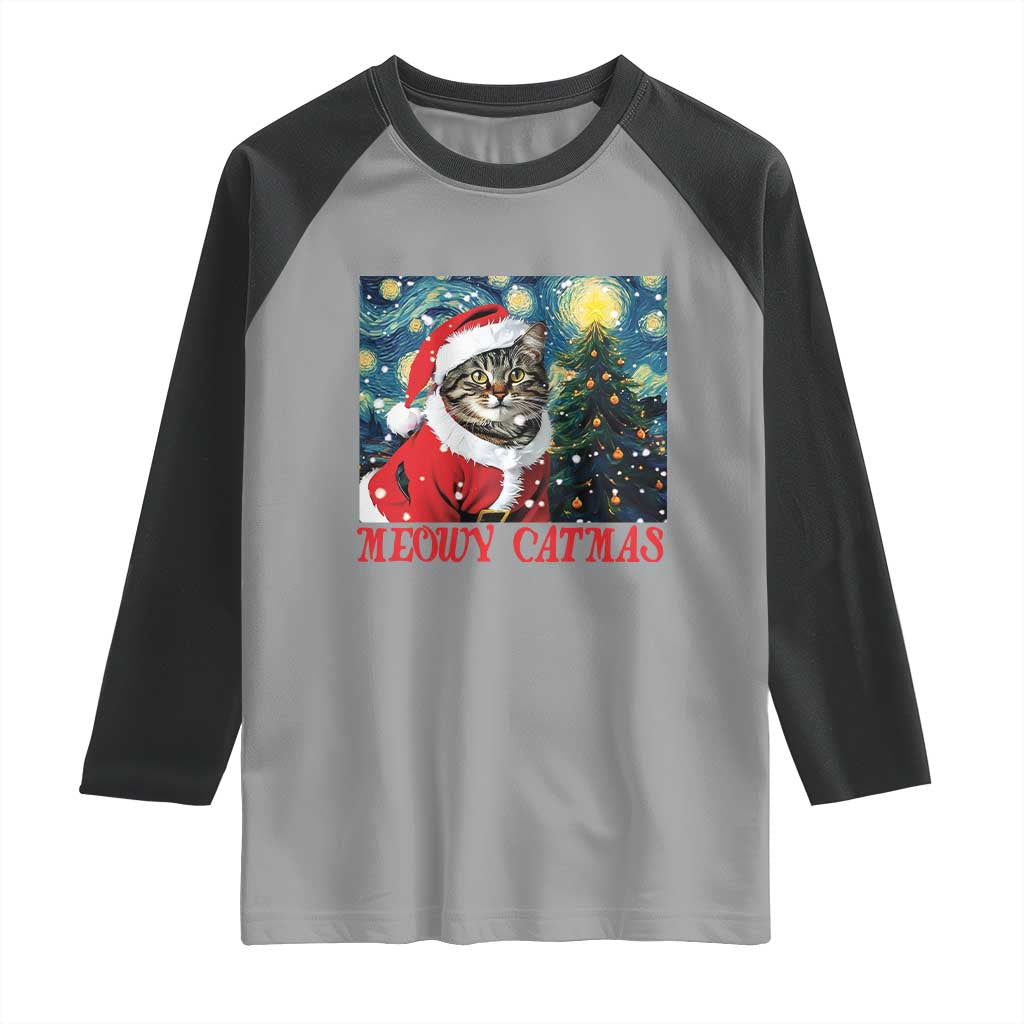 Santa Cat Christmas Raglan Shirt Meowy Catmas Starry Night Christmas Tree