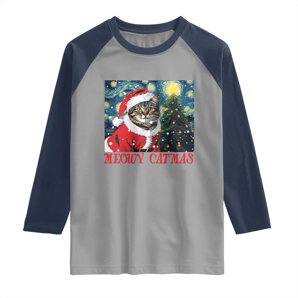 Santa Cat Christmas Raglan Shirt Meowy Catmas Starry Night Christmas Tree