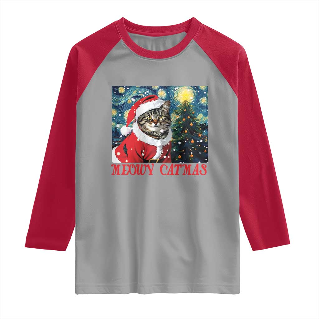 Santa Cat Christmas Raglan Shirt Meowy Catmas Starry Night Christmas Tree