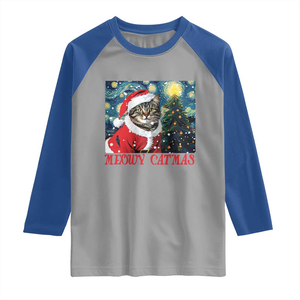 Santa Cat Christmas Raglan Shirt Meowy Catmas Starry Night Christmas Tree