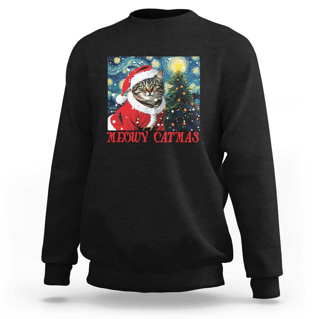Santa Cat Christmas Sweatshirt Meowy Catmas Starry Night Christmas Tree - Wonder Print Shop