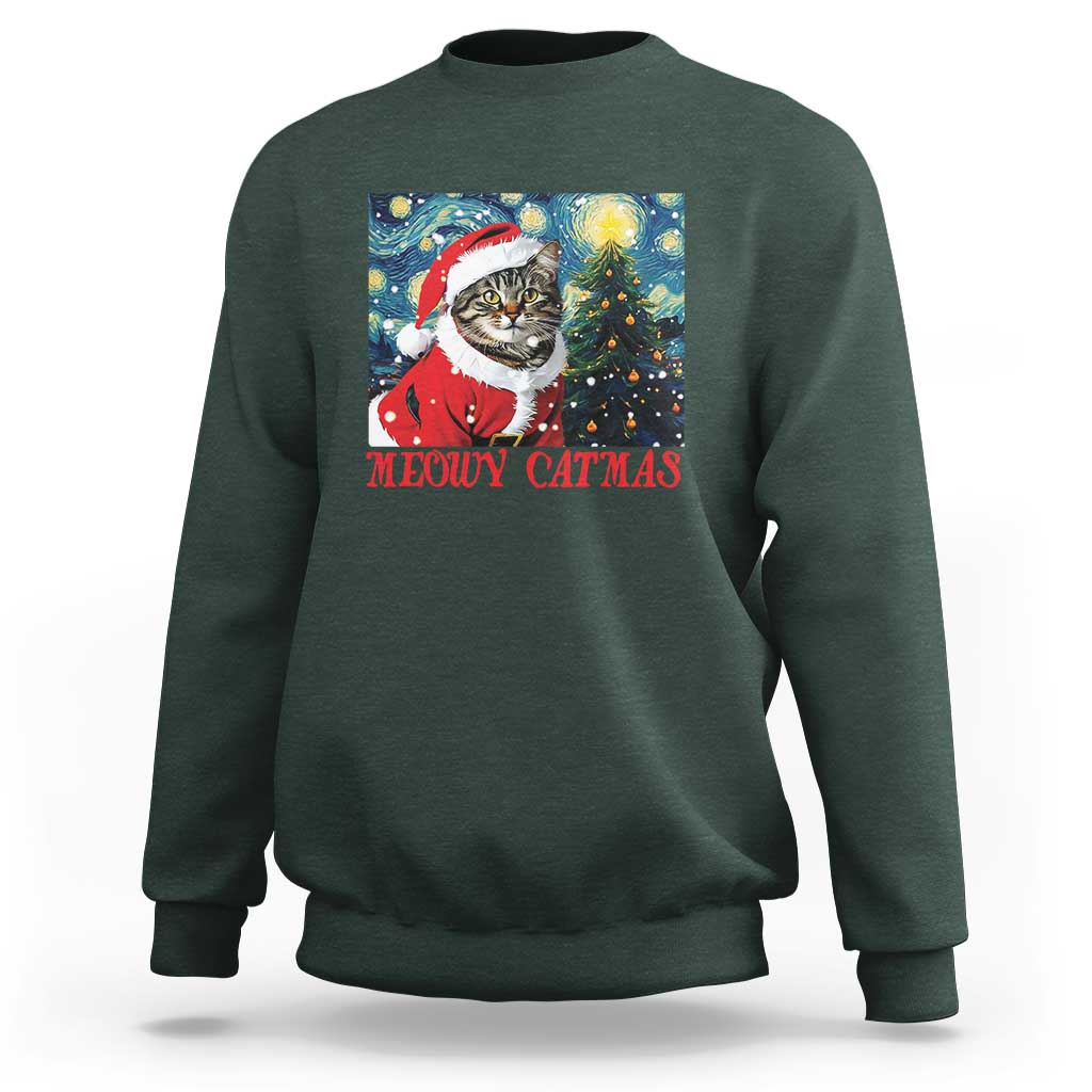 Santa Cat Christmas Sweatshirt Meowy Catmas Starry Night Christmas Tree - Wonder Print Shop