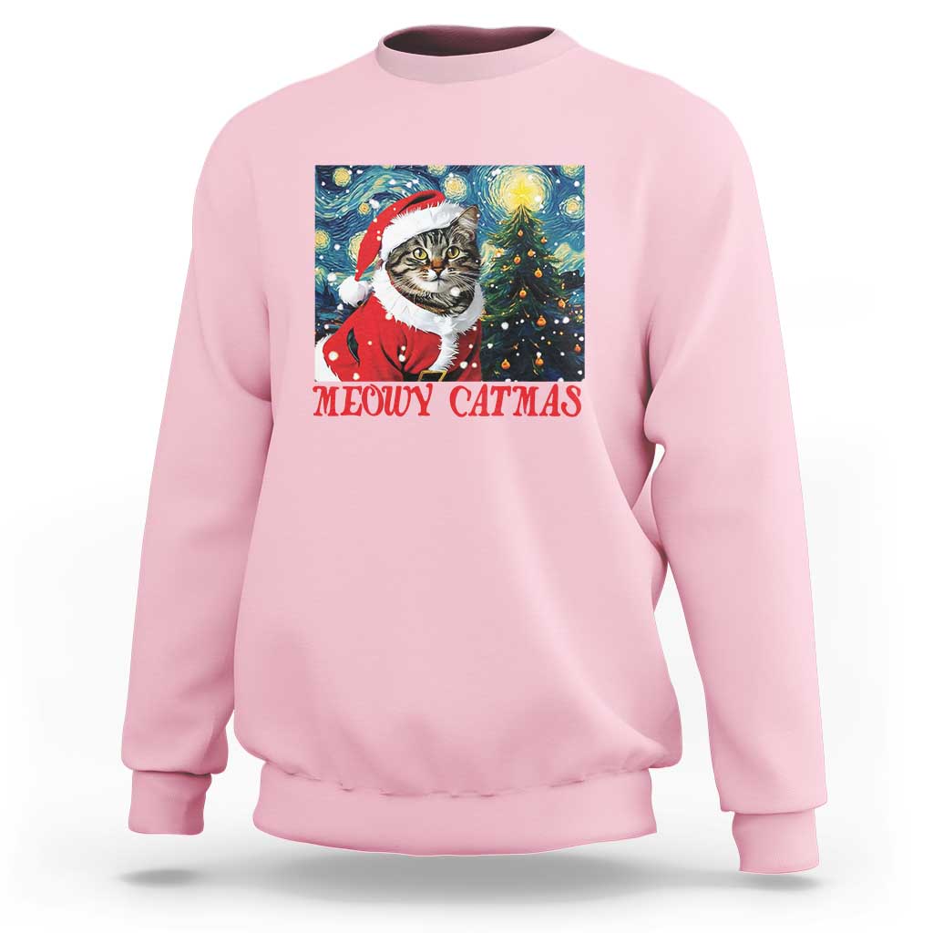 Santa Cat Christmas Sweatshirt Meowy Catmas Starry Night Christmas Tree - Wonder Print Shop